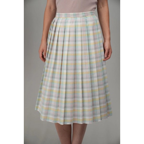 Pastel Plaid Pleated Midi Skirt Soft Spring Vintage