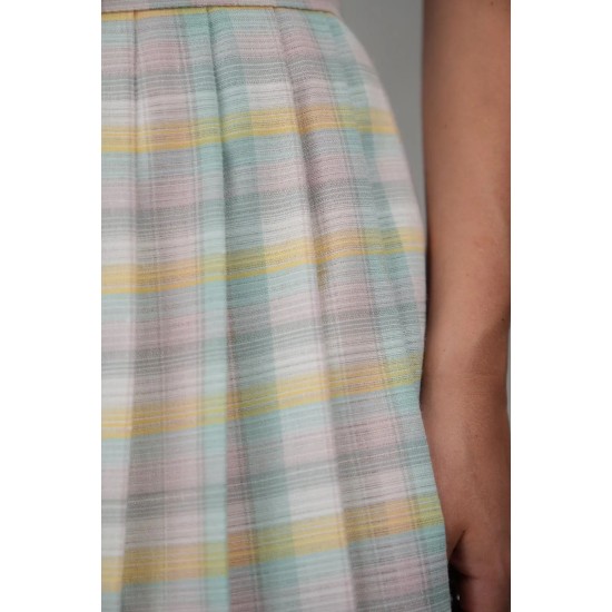 Pastel Plaid Pleated Midi Skirt Soft Spring Vintage
