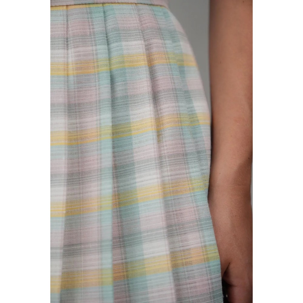 Pastel Plaid Pleated Midi Skirt Soft Spring Vintage