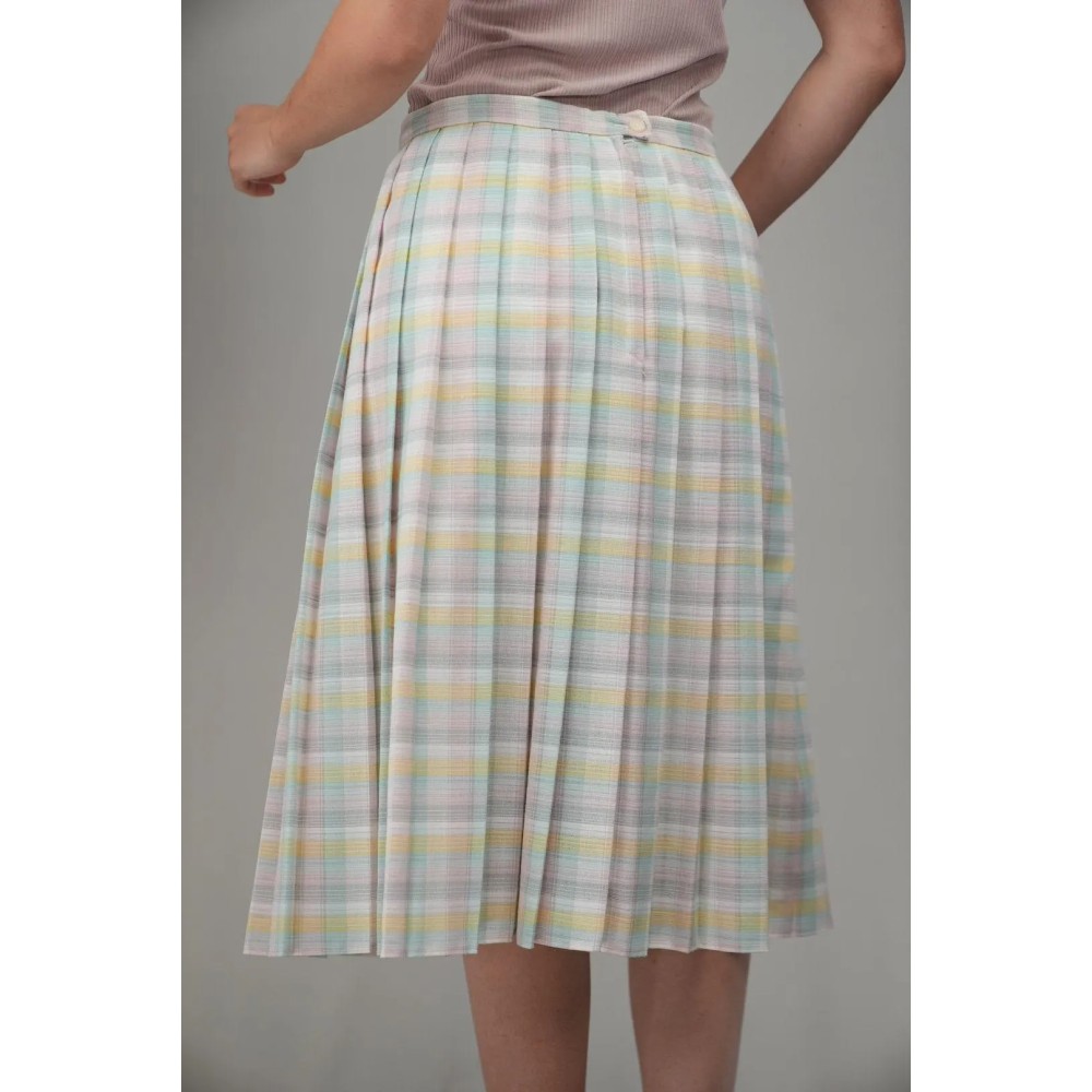 Pastel Plaid Pleated Midi Skirt Soft Spring Vintage