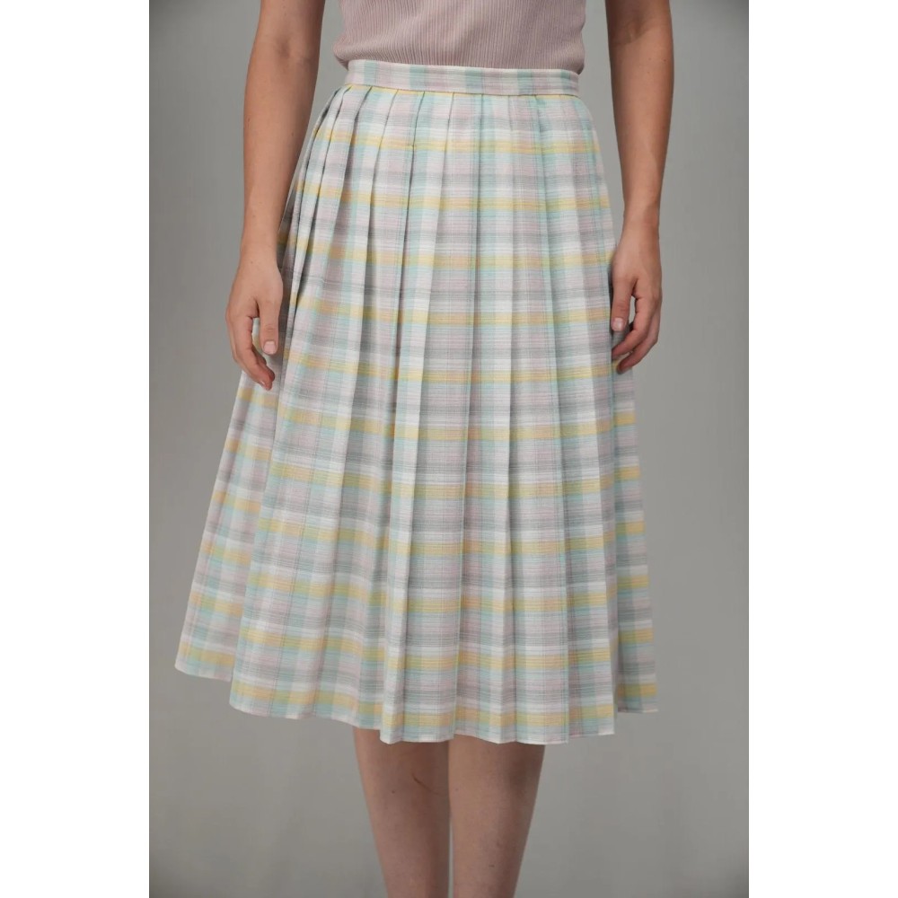 Pastel Plaid Pleated Midi Skirt Soft Spring Vintage