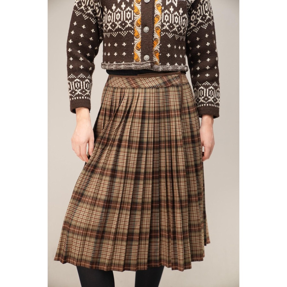 Brown Tartan Pleated Midi Skirt Heritage Swing Silhouette
