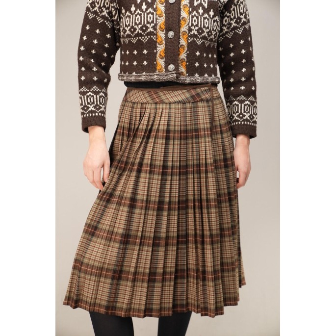 Brown Tartan Pleated Midi Skirt Heritage Swing Silhouette