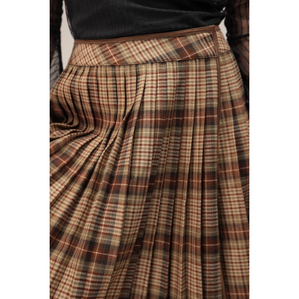 Brown Tartan Pleated Midi Skirt Heritage Swing Silhouette