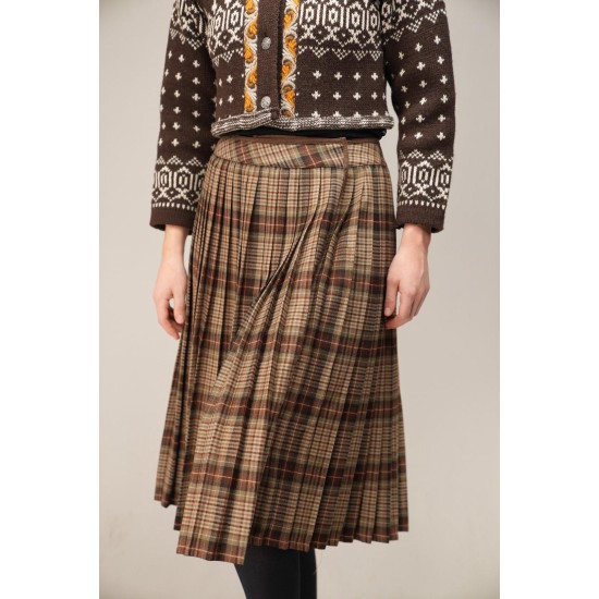 Brown Tartan Pleated Midi Skirt Heritage Swing Silhouette