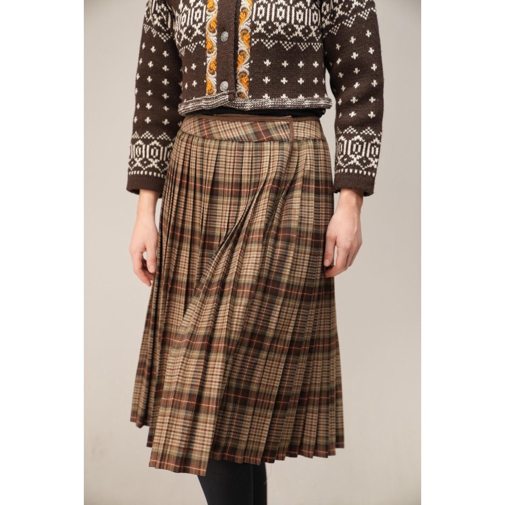 Brown Tartan Pleated Midi Skirt Heritage Swing Silhouette