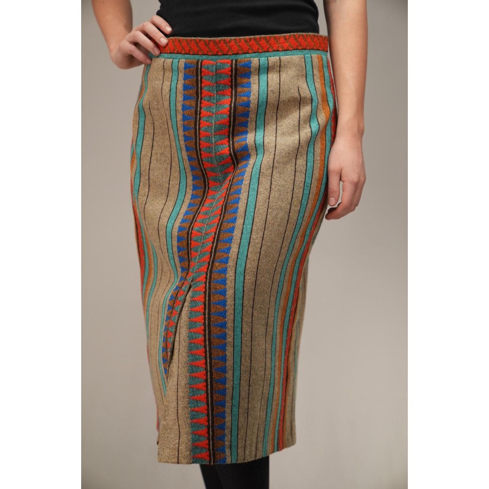 Ethnic Stripe Pencil Midi Skirt Colorful Folk-Inspired Style