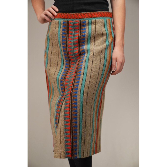 Ethnic Stripe Pencil Midi Skirt Colorful Folk-Inspired Style