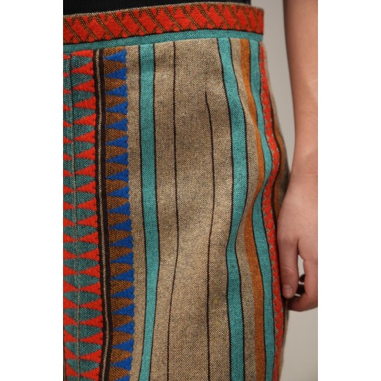 Ethnic Stripe Pencil Midi Skirt Colorful Folk-Inspired Style