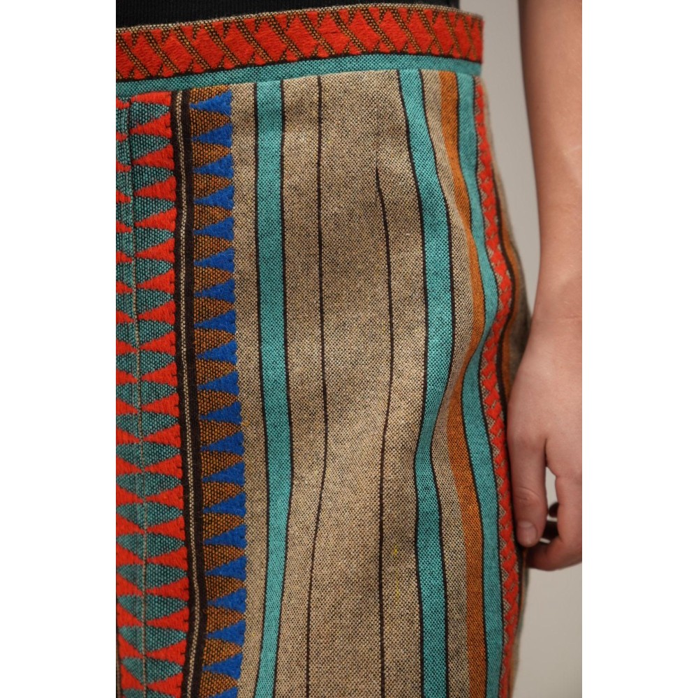 Ethnic Stripe Pencil Midi Skirt Colorful Folk-Inspired Style